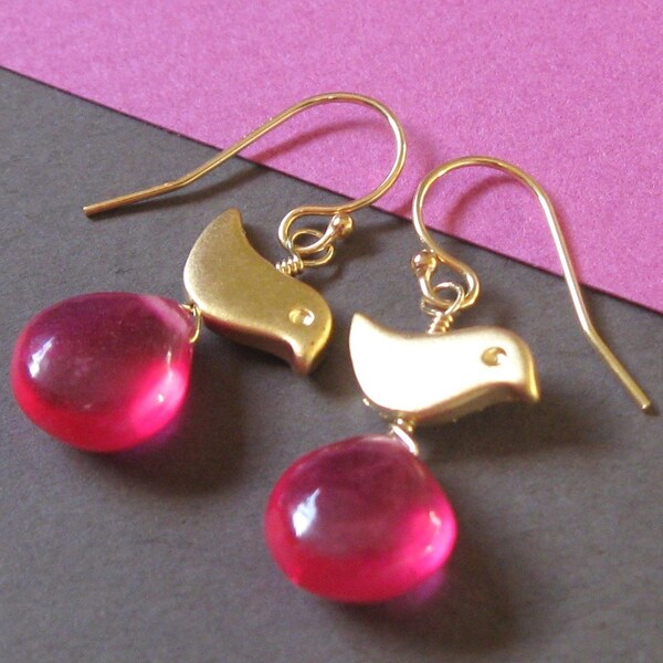 Ruby Red Quartz and Gold Birdie Earrings