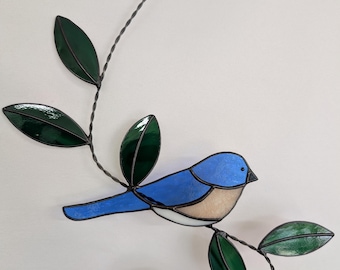Blue Bird on a Branch Stained Glass Suncatcher (Made to order)