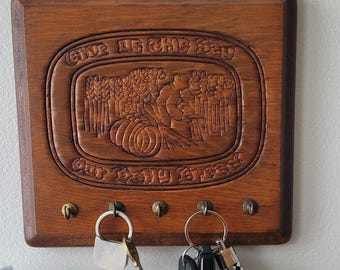Vintage Carved Wood Key Hook Measuring Spoon Cup Holder Wall Decor Give Us This Day Our Daily Bread