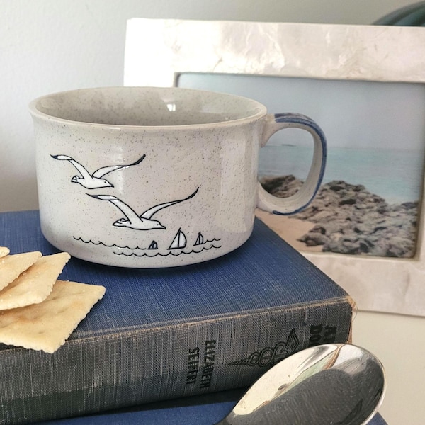 Vintage Otagiri Speckled Stoneware Seagull Soup Bowl Mug Blue Handle Japan