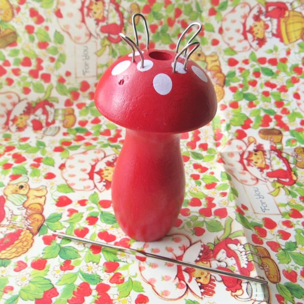 Vintage Wooden Red and White Mushroom Toadstool Knitting Spool Knitter