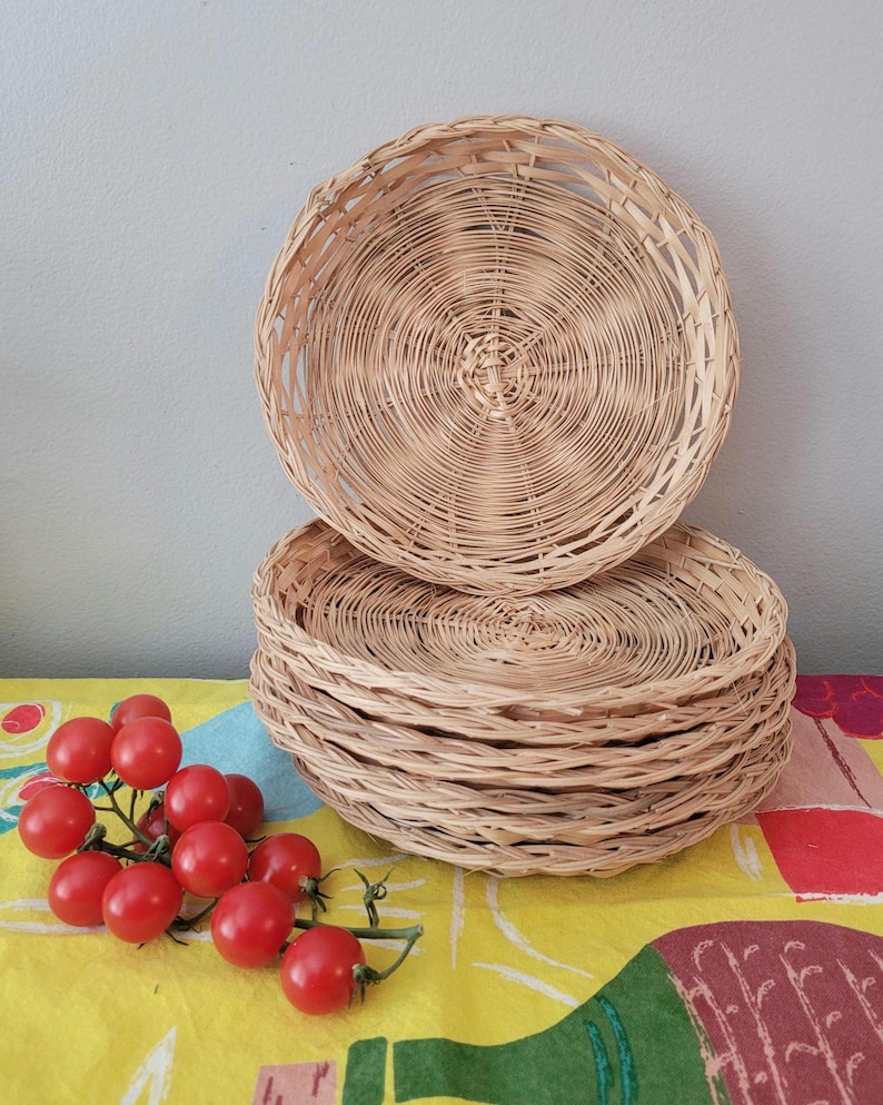 Vintage Wicker Paper Plate Holders Baskets Woven Set of 8 image 1
