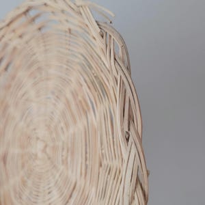 May include: A round, light beige woven wicker tray featuring a concentric circular pattern and a braided edge. The natural material displays a textured, interlaced design with visible fibers, creating a shallow, flat, and circular structure.