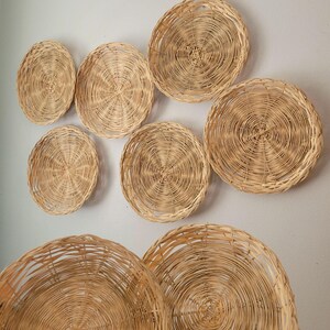 May include: A collection of eight round, light brown woven wicker baskets of varying sizes arranged in a cluster. Each basket features a circular, spiraling weave pattern made from thin, natural-colored reeds, creating a textured, open-work design.