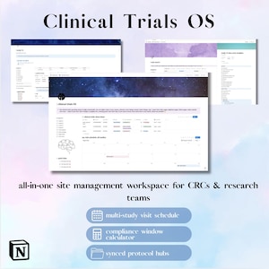 May include: Clinical Trials OS all-in-one site management workspace for CRCs and research teams. The digital interface displays a multi-study visit schedule, compliance window calculator, and synced protocol hubs with a brain icon and galaxy header.