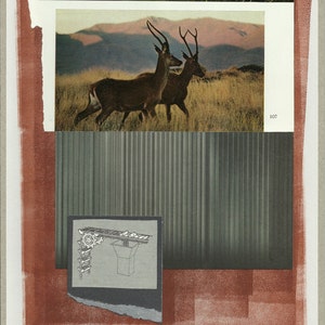 May include: Mixed media collage with a vintage aesthetic. The artwork features a landscape photograph of two deer in a field, a geometric background, and a small illustration of machinery. The color palette includes brown, green, and red.
