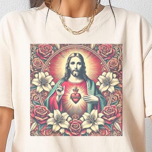 Divine Faith Women's Tee, Sacred Heart Vintage Shirt, Jesus Blessing Women's Tee, Faith Moves Mountains Tee, Retro Catholic Women's Tee