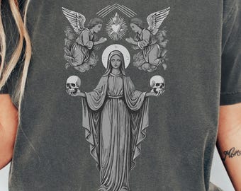 Virgin Mary Skulls T-Shirt: Gothic Catholic Art - Comfort Colors Pepper Tee
