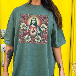 Divine Faith Women's Tee, Sacred Heart Vintage Shirt, Jesus Blessing Women's Tee, Faith Moves Mountains Tee, Retro Catholic Women's Tee