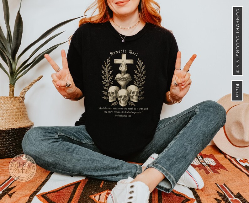 Skull graphic Christian quote tee, Bible verse shirt, Gothic religious apparel, trendy spiritual clothing, inspirational faith gift