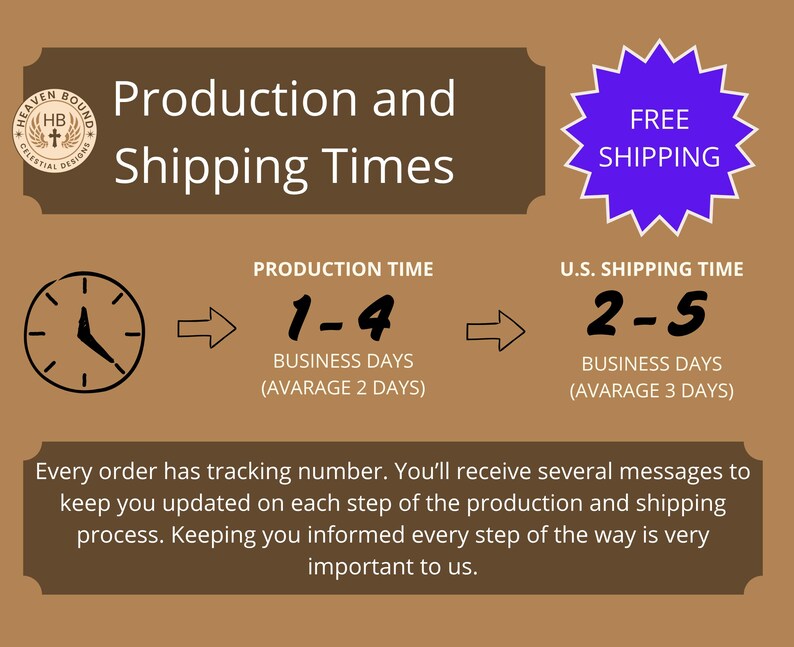 Pode incluir: Um gr&aacute;fico informativo em fundo castanho com o texto Production and Shipping Times, um &iacute;cone de rel&oacute;gio e uma estrela roxa com o texto FREE SHIPPING. Detalha tempos de produ&ccedil;&atilde;o de 1-4 dias e de envio de 2-5 dias &uacute;teis.