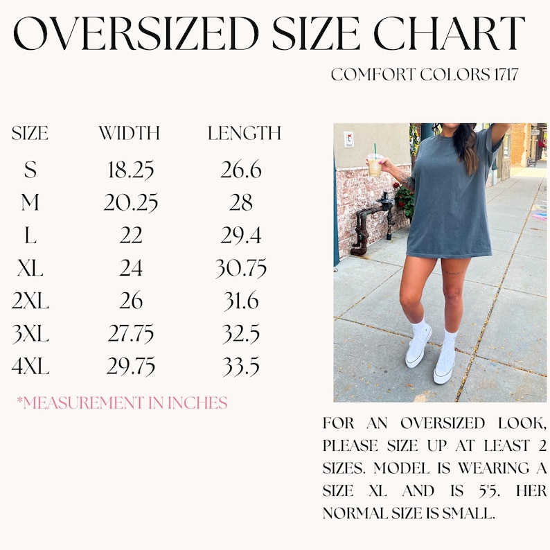 Oversized Casual T-Shirt Dress Size Chart Graphic, Comfort Colors 1717, Plus Size Fashion Guide, Trendy Women's Clothing