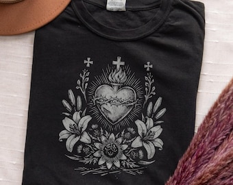 Floral Sacred Heart Shirt, Vintage Catholic Devotional Tee, Jesus Graphic