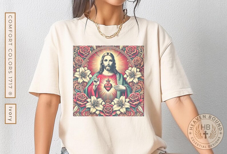 Divine Faith Women's Tee, Sacred Heart Vintage Shirt, Jesus Blessing Women's Tee, Faith Moves Mountains Tee, Retro Catholic Women's Tee