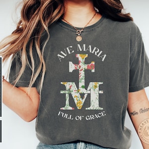 Miraculous Medal Floral T-Shirt: Ave Maria Marian Symbol