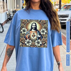 Divine Faith Women's Tee, Sacred Heart Vintage Shirt, Jesus Blessing Women's Tee, Faith Moves Mountains Tee, Retro Catholic Women's Tee