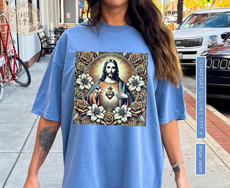 Divine Faith Women's Tee, Sacred Heart Vintage Shirt, Jesus Blessing Women's Tee, Faith Moves Mountains Tee, Retro Catholic Women's Tee