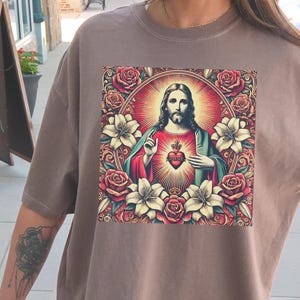 Divine Faith Women's Tee, Sacred Heart Vintage Shirt, Jesus Blessing Women's Tee, Faith Moves Mountains Tee, Retro Catholic Women's Tee