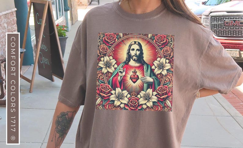 Divine Faith Women's Tee, Sacred Heart Vintage Shirt, Jesus Blessing Women's Tee, Faith Moves Mountains Tee, Retro Catholic Women's Tee