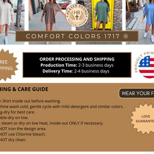 Pode incluir: Uma cole&ccedil;&atilde;o de camisetas Comfort Colors 1717 em bege, marrom, verde e azul. A imagem inclui um logotipo da Heaven Bound Celestial Designs, um emblema Proudly Printed in USA e um guia detalhado de lavagem e cuidados com instru&ccedil;&otilde;es.