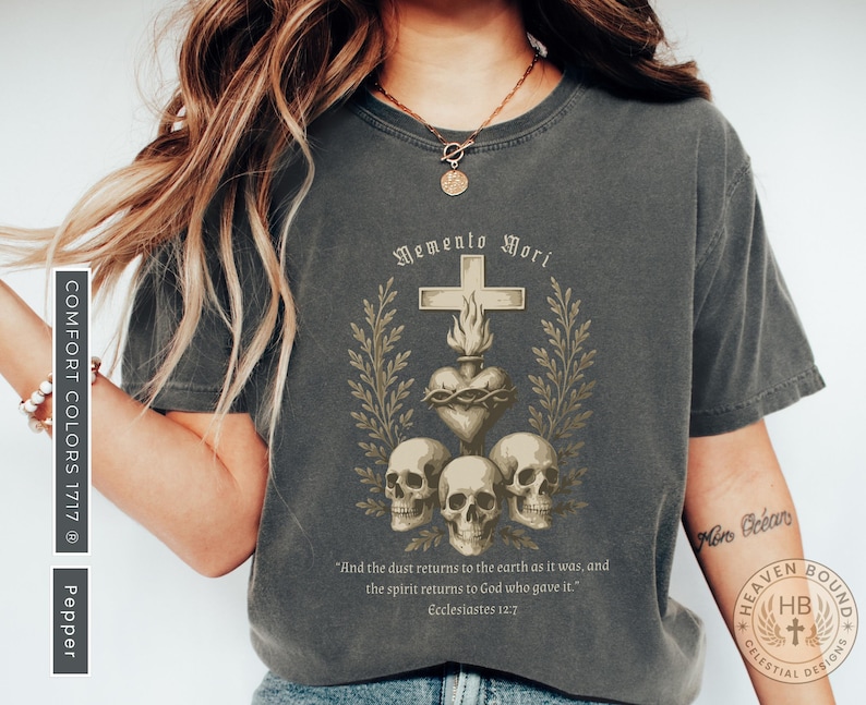 Memento Mori Graphic Tee, Skull and Cross Design, Spiritual Graphic Shirt, Gothic Apparel, Trendy Religious Wear for Women