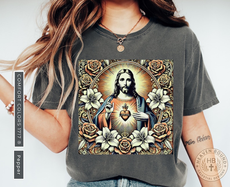 Divine Faith Women's Tee, Sacred Heart Vintage Shirt, Jesus Blessing Women's Tee, Faith Moves Mountains Tee, Retro Catholic Women's Tee