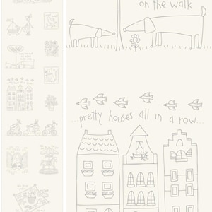 May include: A light-colored fabric panel featuring a series of whimsical line-art illustrations including dogs, houses, birds, and trees. The text reads: every tree must be sniffed on the walk and pretty houses all in a row, among other small scenes.