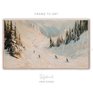 Pode incluir: Pintura de paisagem emoldurada que retrata uma cena de montanha nevada com esquiadores. A obra de arte apresenta um estilo texturizado e impressionista com uma paleta de brancos, azuis e castanhos. O texto "FRAME TV ART" está no topo.