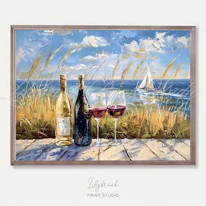 Wine Print - Digital Oil Painting - Coastal Art - Printable Wall Art - Wine Bottle Art Print - Wine Oil Painting - Digital Download