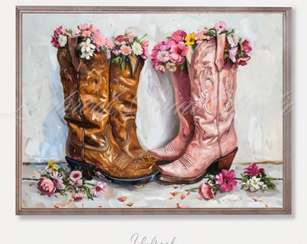 Rustic Western Cowboy & Cowgirl Boots Print - Vintage Chic Wall Art Decor Digital Download