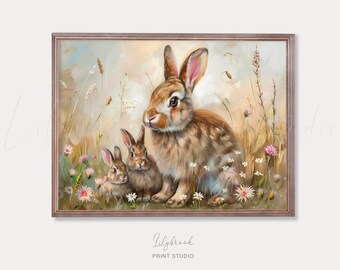 Bunny Family Wildflower Print: Rustic Nursery Art (Digital Download)