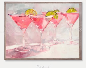 Elegant Martini Cocktail Bar Cart Wall Art Print - Pink Digital Download for Home Decor