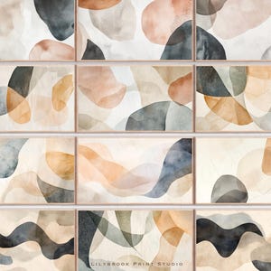 May include: A set of nine abstract watercolour prints in shades of beige, brown, and grey. The prints feature overlapping organic shapes and are arranged in a grid pattern. The text "Lillybrook Print Studio" is visible at the bottom of the image.