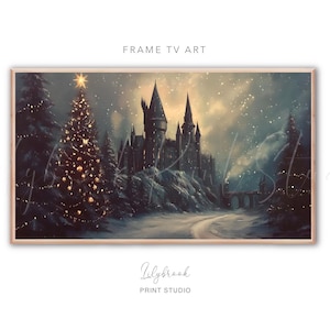 May include: A snowy winter scene with a large castle in the background. A Christmas tree with lights is in the foreground, with snow-covered trees on either side. The castle is lit up with warm yellow lights. The sky is a soft blue with white clouds.