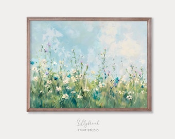 野花が咲く草原の油絵、柔らかなポピーの風景画（デジタルダウンロード