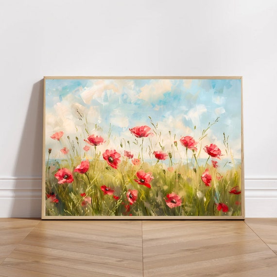 ポピー草原の油絵プリント：田園風景（デジタルダウンロード） - Etsy 日本