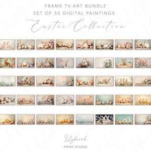 May include: A set of 50 digital paintings featuring an Easter theme. The paintings depict bunnies, chicks, eggs, and other Easter symbols in a soft, pastel colour palette. The paintings are perfect for adding a touch of spring to your home decor.