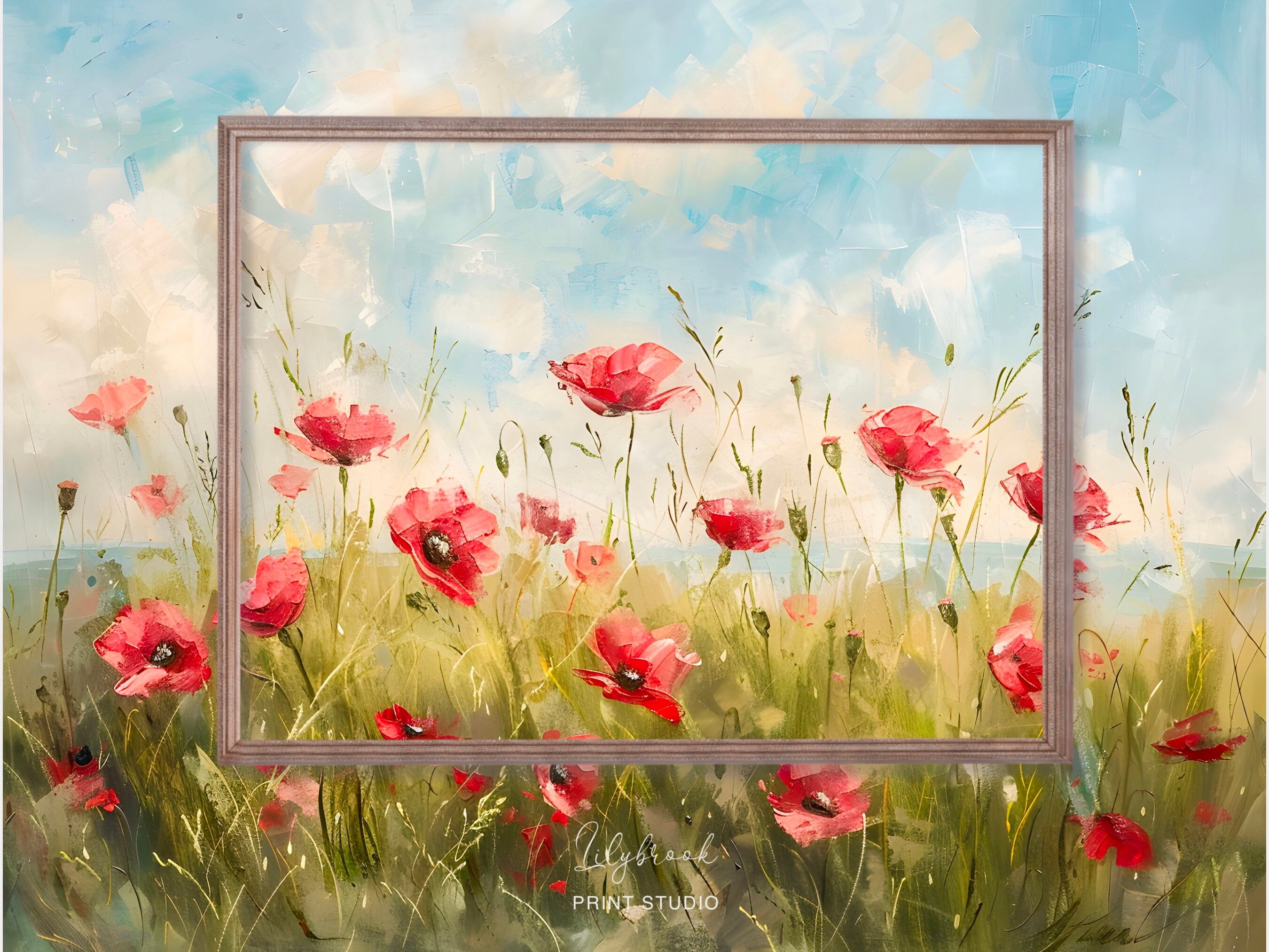 ポピー草原の油絵プリント：田園風景（デジタルダウンロード） - Etsy 日本