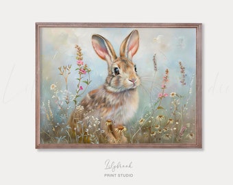 Bunny & Wildflowers Print: Rustic Farmhouse Nursery Decor (Digital Print)