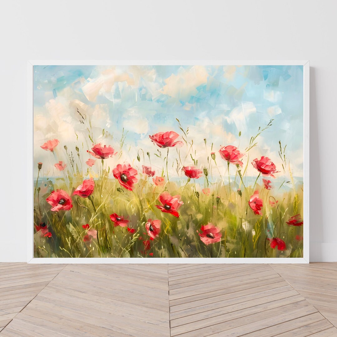 ポピー草原の油絵プリント：田園風景（デジタルダウンロード） - Etsy 日本