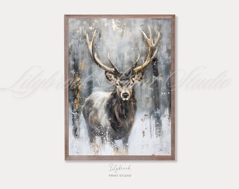 Winter Stag Painting: Holiday Farmhouse Wall Art (Digital Download)