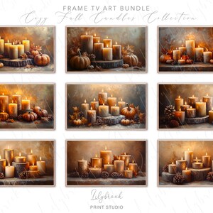 Peut inclure: Neuf impressions d'art numérique mettant en scène une collection de bougies d'automne avec des citrouilles et des feuilles d'automne. Les bougies sont disposées de différentes manières sur des surfaces en bois. Les impressions sont parfaites pour ajouter une touche de décoration d'automne à votre maison.