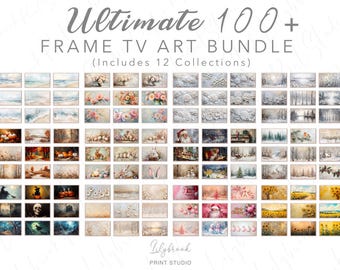 Puede incluir: Una colección digital titulada Ultimate 100+ FRAME TV ART BUNDLE (Includes 12 Collections) de Lilybrook Print Studio, que presenta una cuadrícula de más de cien imágenes rectangulares de paisajes con diversos temas estacionales, florales y festivos.