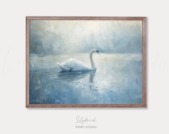 Impresión artística de pintura al óleo de cisne: Paisaje campestre (descarga digital)