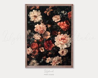 Stämningsfull blommig oljemålning: Vintage blommig väggkonst (digital nedladdning)
