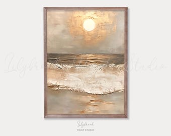 Impresión abstracta de atardecer en la playa: pintura al óleo de paisaje costero (descarga digital)