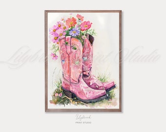 Floral Cowboy Boots Painting / Printable Wall Art / Digital Download Art / Dorm Decor Art Print / Western Wall Art