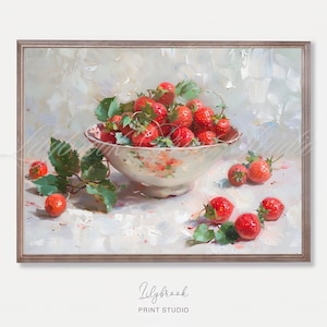 Strawberry Oil Painting / Printable Wall Art / Digital Download Art / Kitchen Decor Art Print / Fruit Wall Art