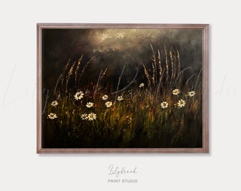Stimmungsvolle Wildblumenwiese Druck: Vintage Stil Ölgemälde (Digitaler Download)