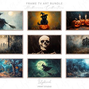 May include: A set of 8 Halloween-themed digital art prints featuring a witch flying on a broomstick, a black cat in a pumpkin, a skull, a spooky forest, a haunted house, a witch flying on a broomstick, a spooky forest, and a graveyard. The prints are perfect for adding a touch of spooky charm to your home decor.